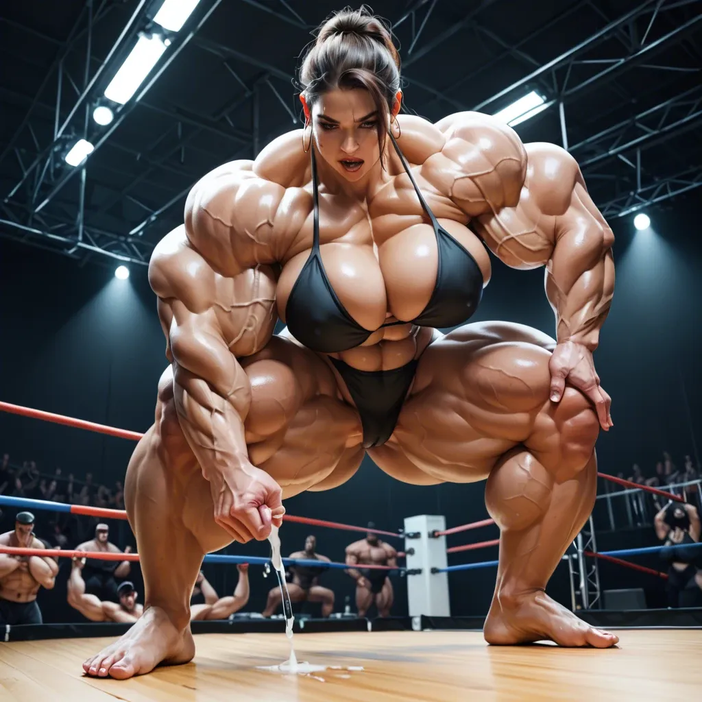 A female bodybuilder on stage, muscle Futa, female bodybuilder with super huge muscle on stage, brown hair, Bronze colored skin, large bulging muscle, super oversized veins, bulging hyper broad muscle, female bodybuilder on stage, black bodybuilding bikini, muscle dick, dick with large muscle and big massive veins, cock in bikini panties, cock in panties, huge female bodybuilder, bronze skin, breast implants