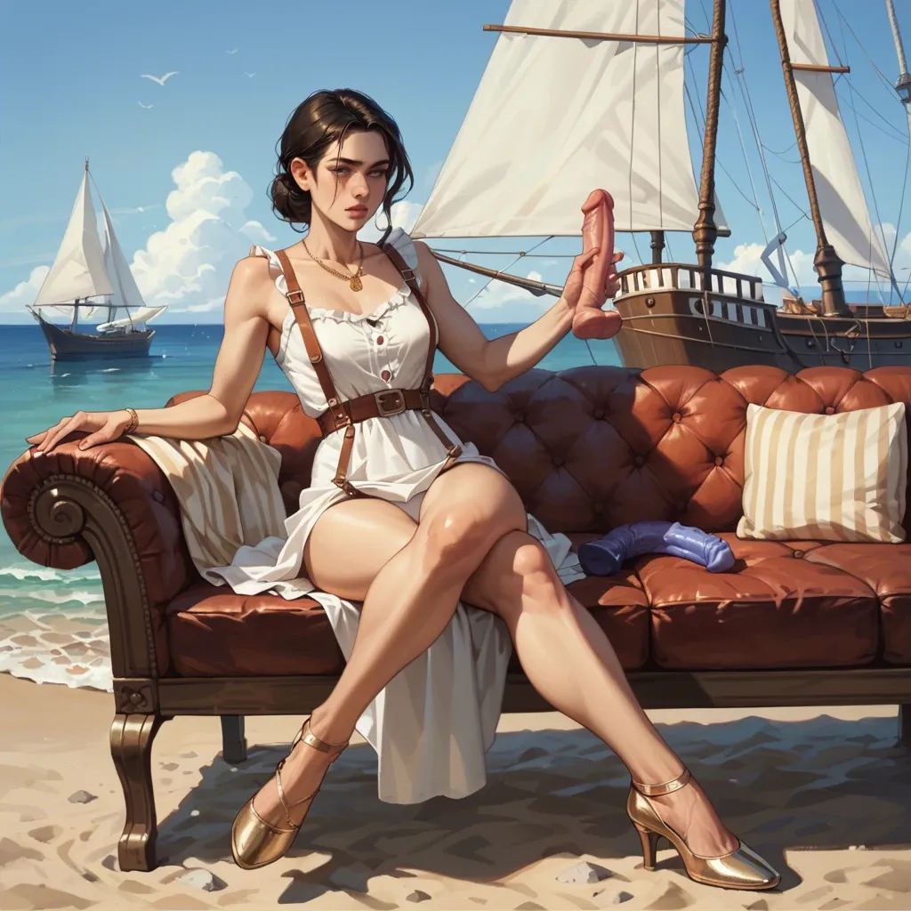 2girl, , , , large nose,hooves feet,round boobs,ship,collarbone, shirt lifted up,gold necklace,suspenders,white swimsuit,heels, sit on a couch, at the beach, medieval dress, holding dildo, detailed hand, golden hour, disney princess, nami