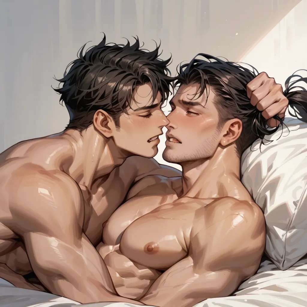 2 boy,,, 1 man twink, 1 man athletic body, cuddling on bed, pulling hair, bite