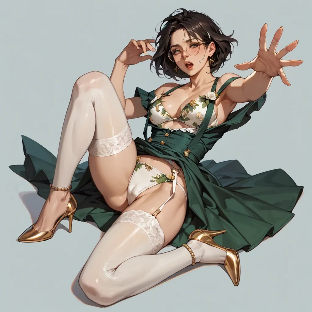 1girl,, , , , reaching back,fingers,perky big tits,on her back,free shoulders, dark green gown,white stockings,suspenders,floral bikini,high heels, shirt up,gold anklets,round glasses,white leotard,strappy sandals, maebari, water sparkles, cyberpunk, elsa, rapunzel waifu