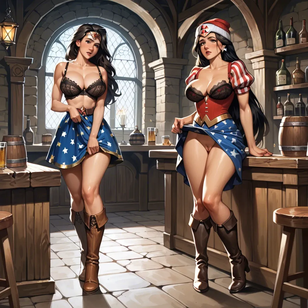 2girl, , , , cheeks,on tiptoe,large breast,big breast,knee, lifted skirt,striped clothes,beanie,black lace bra,brown boots, medieval tavern, mario and luigi, wonder woman, rapunzel waifu