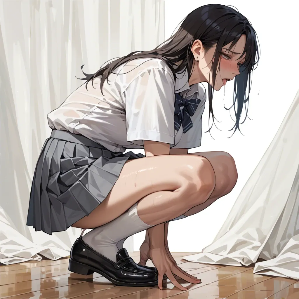 Schoolgirl futanari. White knee socks. Grey pleated skirt. Black shoes. White blouse. Squatting. Masturbating.