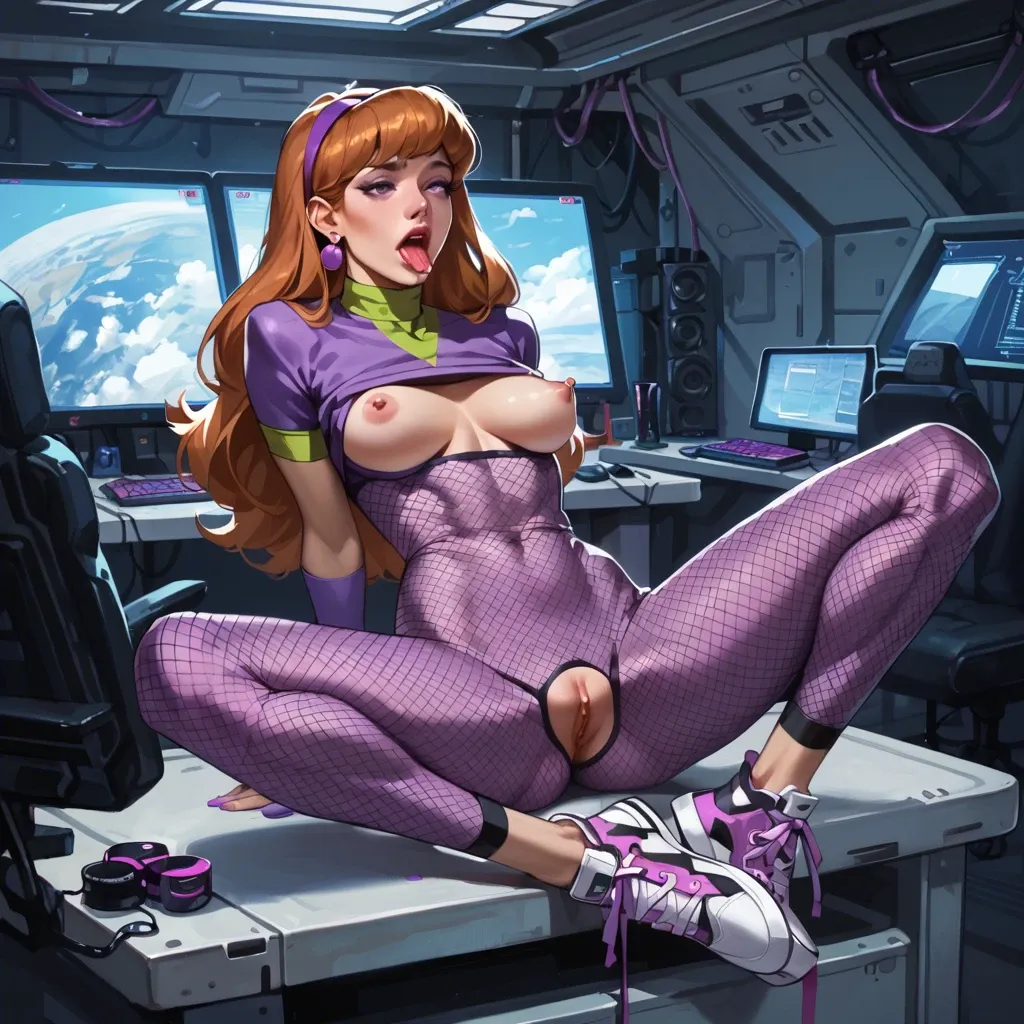 1girl,solo, , , , group watching,bound hands,round tits,spaceship,skinny male, pink tongue,licking nipple,big boobs, pull shirt,laced,purple gloves,mesh bodysuit,sneakers, gamer bedroom, daphne blake