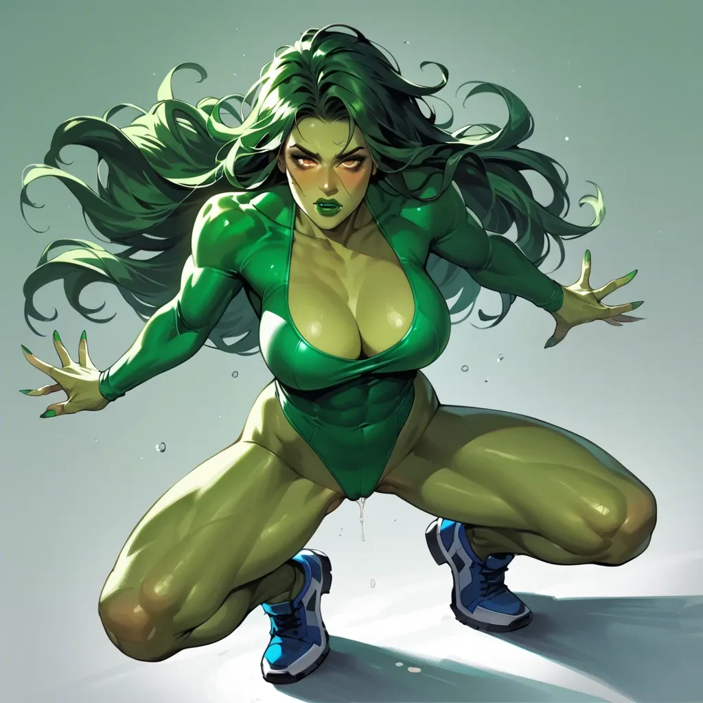 She-Hulk - Fantastic Four, shWGH, green skin, green hair, long hair, yellow eyes, green lips, makeup, multicolored leotard, long sleeves, blue footwear,