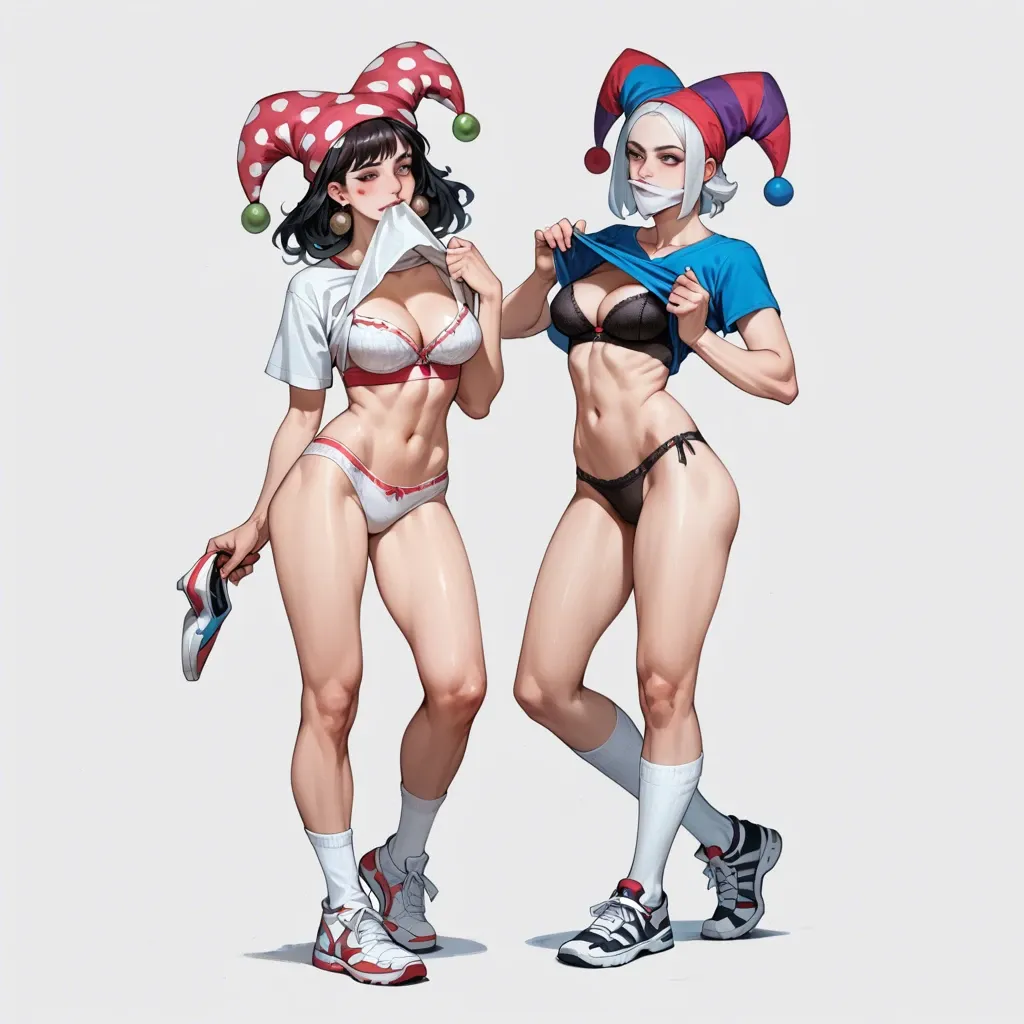 2girl, , , , shirt in mouth,perfect hand,cleavage,spectacular,elbows, crop top,white socks,white veil,hand on panties,sneakers, lifting shirt,baggy socks,jester cap,undersized bra,stiletto heels, office man, grabbing dildo, girl lara croft, rapunzel waifu, waifu