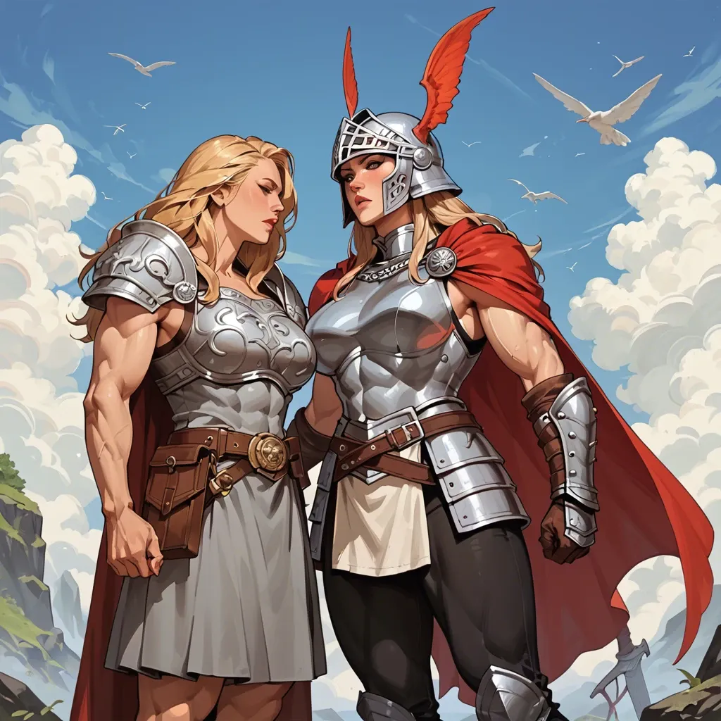 Jane Foster (Thor), Jane Foster, blonde hair, long hair, helmet, breastplate, armor, sleeveless, red cape, black pants, grey skirt, arm armor, muscular female,