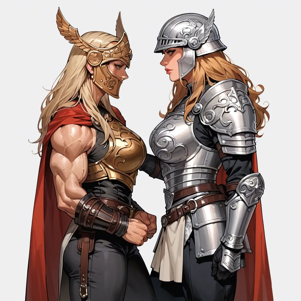 Jane Foster (Thor), Jane Foster, blonde hair, long hair, helmet, breastplate, armor, sleeveless, red cape, black pants, grey skirt, arm armor, muscular female,