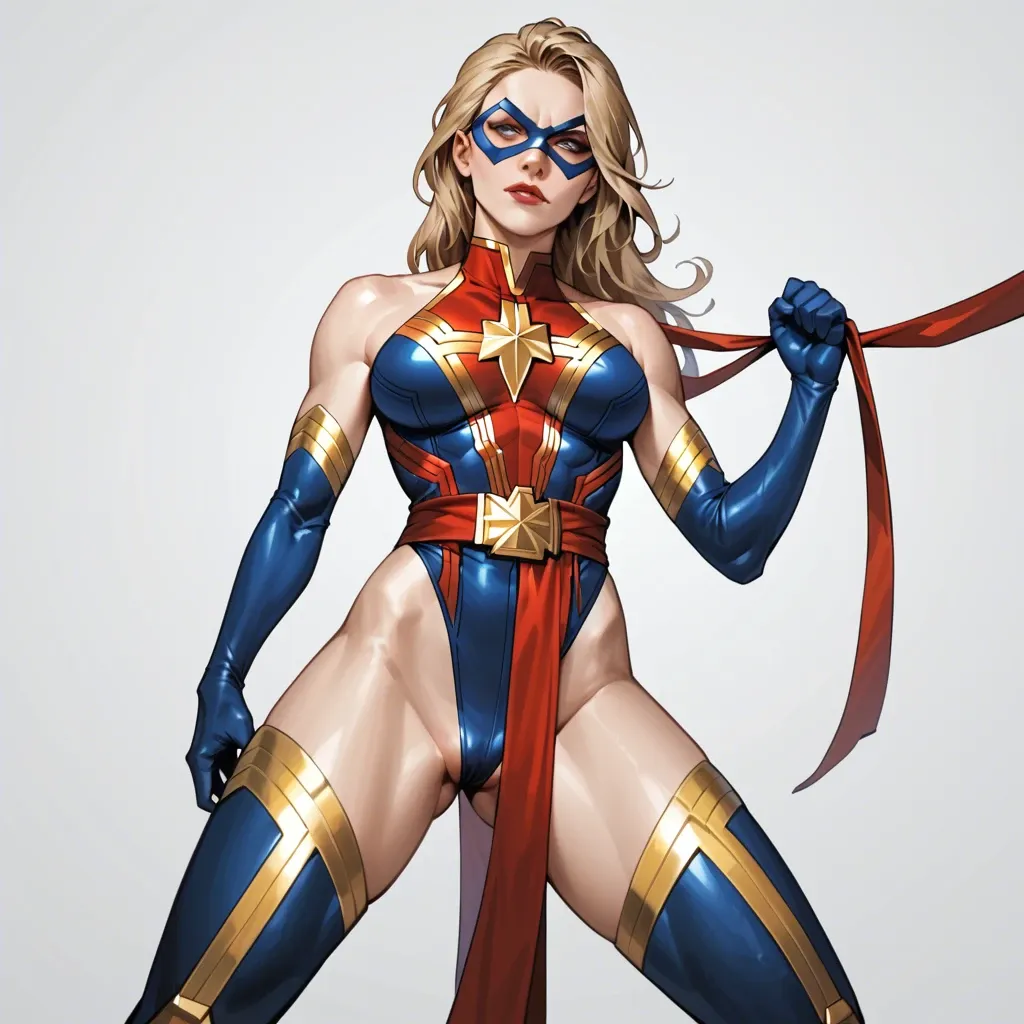 Captain Marvel: The Ms. Marvel Years, cptnmrvlmsmrvl, long hair, domino mask, halterneck, leotard, elbow gloves, bare shoulders, sash, thigh boots