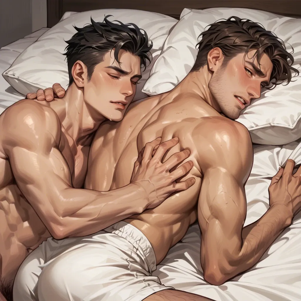 2 boy,,, 1 man twink, 1 man athletic body, cuddling on bed, bite