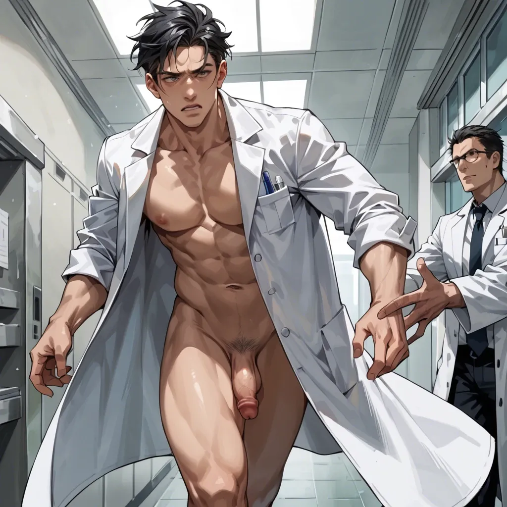 1 boy,,, man standing, naked, flaccid penis, lab coat, running hand through hair