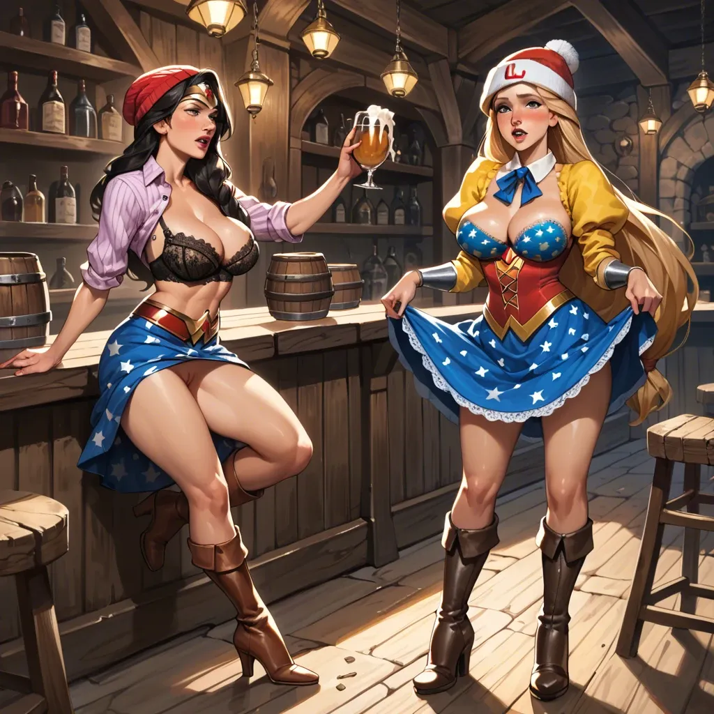 2girl, , , , cheeks,on tiptoe,large breast,big breast,knee, lifted skirt,striped clothes,beanie,black lace bra,brown boots, medieval tavern, mario and luigi, wonder woman, rapunzel waifu