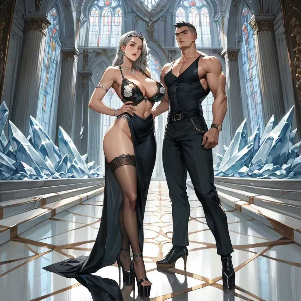 1girl,1boy, , , , eyebrow cut,armlet,big breast,babe,skin hair detail, black dress,lace stockings,shaped jewelry,bra,platform heels, tight tank top,ice palace,silver tiara,floral bikini,heels, bedroom eyes, dungeon, painted, sunlight, spider-gwen, asuka langley