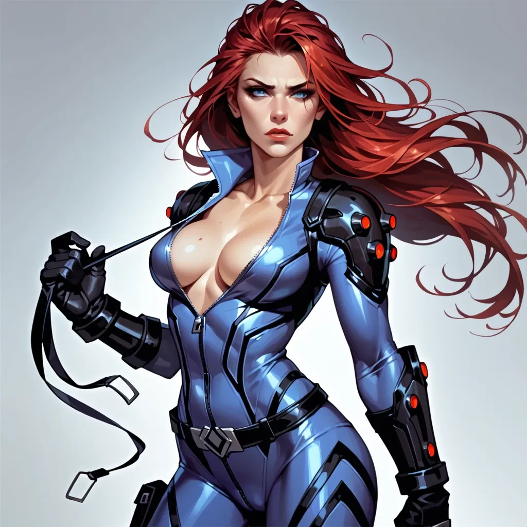 BlackWidowMCU, red hair, bodysuit, blue eyes, gloves, belt, unzipped, cleavage,