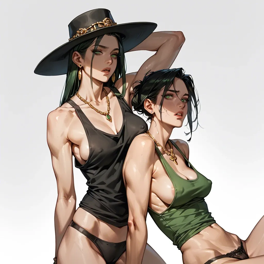 2girl, , , , eye,arm over head,perky boobs,leaning back,thin ankles, green eyes,hands down,large boob slip,saggy breasts,kneepits, tank top,gold necklace,black hat,panties visible,white boots, shower, on beach, dungeon, 2 boys, rapunzel