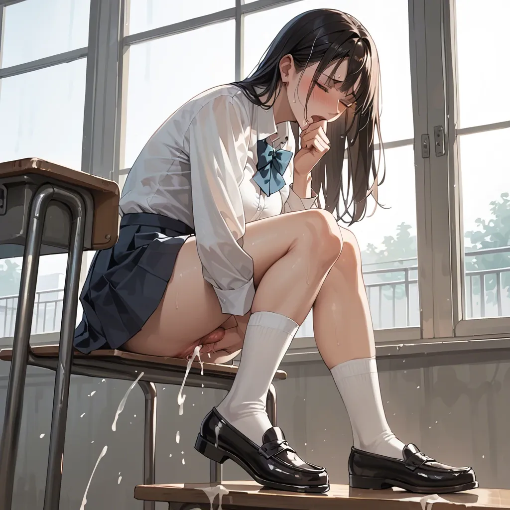 Schoolgirl futanari. White knee socks. Grey pleated skirt. Black shoes. White blouse. Lent against a window.  Masturbating. Ejaculating.