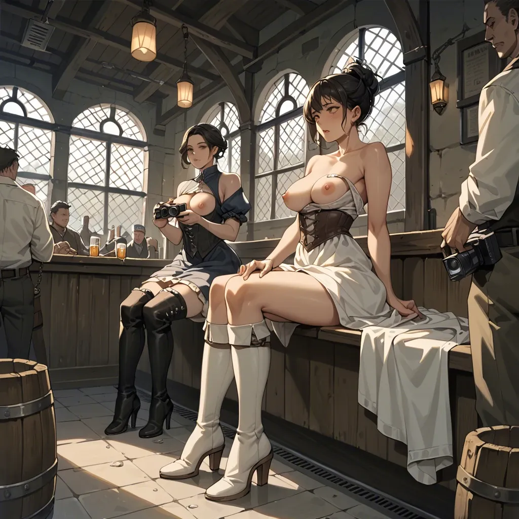 2girl, , , , eyed,hand on cock,areola,hold boobs,bare shoulders, medieval dress,white socks,metal rings,thongs,thigh boots, bathtub, crowded train, tavern, camera, anime artwork, dark alley, tifa lockhart, anna hair, ariel waifu