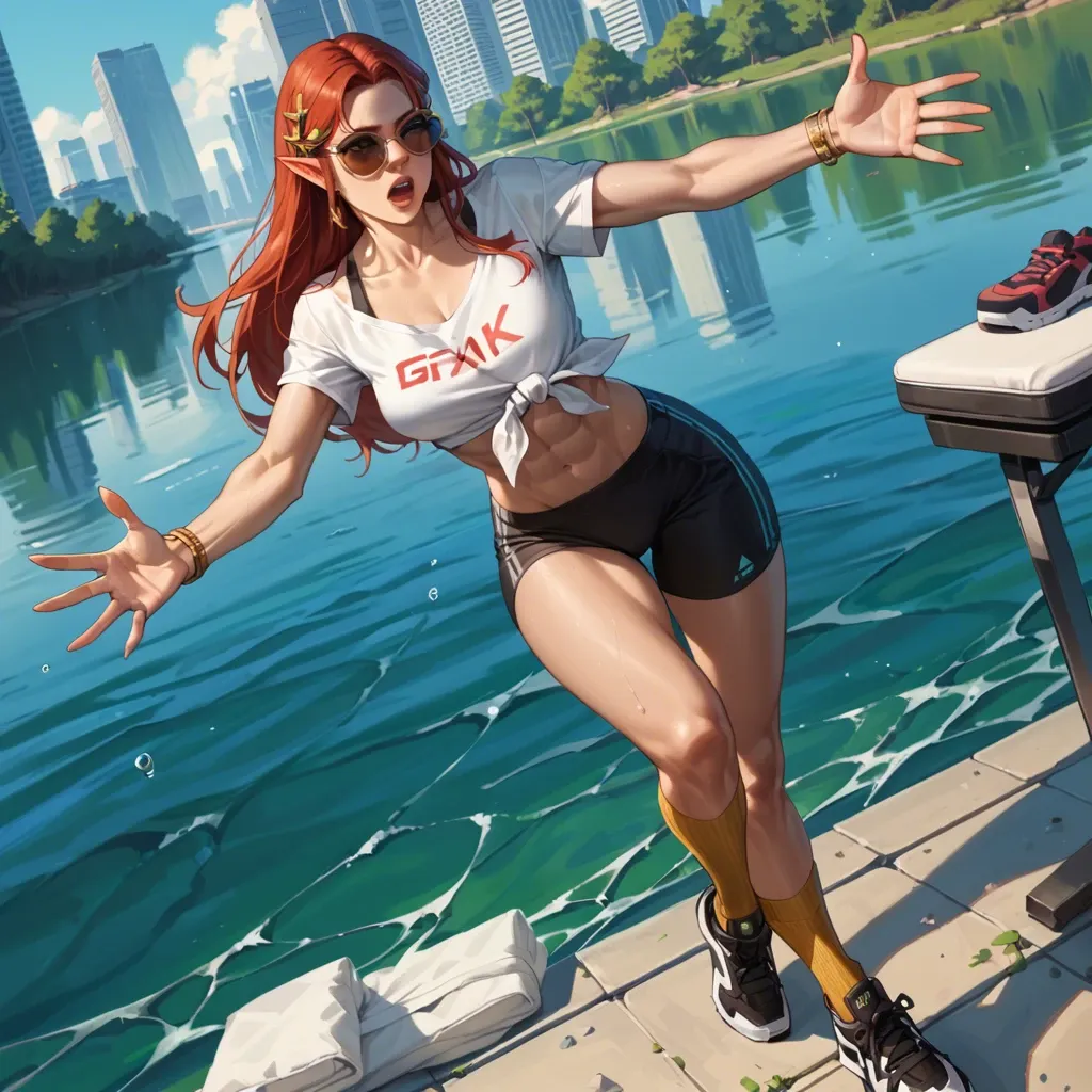 2girl, , , , reaching out,heel,round boobs,abs,gold anklets, tied shirt,baggy socks,sunglasses,sports bra,black sneakers, gamer bedroom, river, cyberpunk, zelda, ariel waifu, dynamic angle