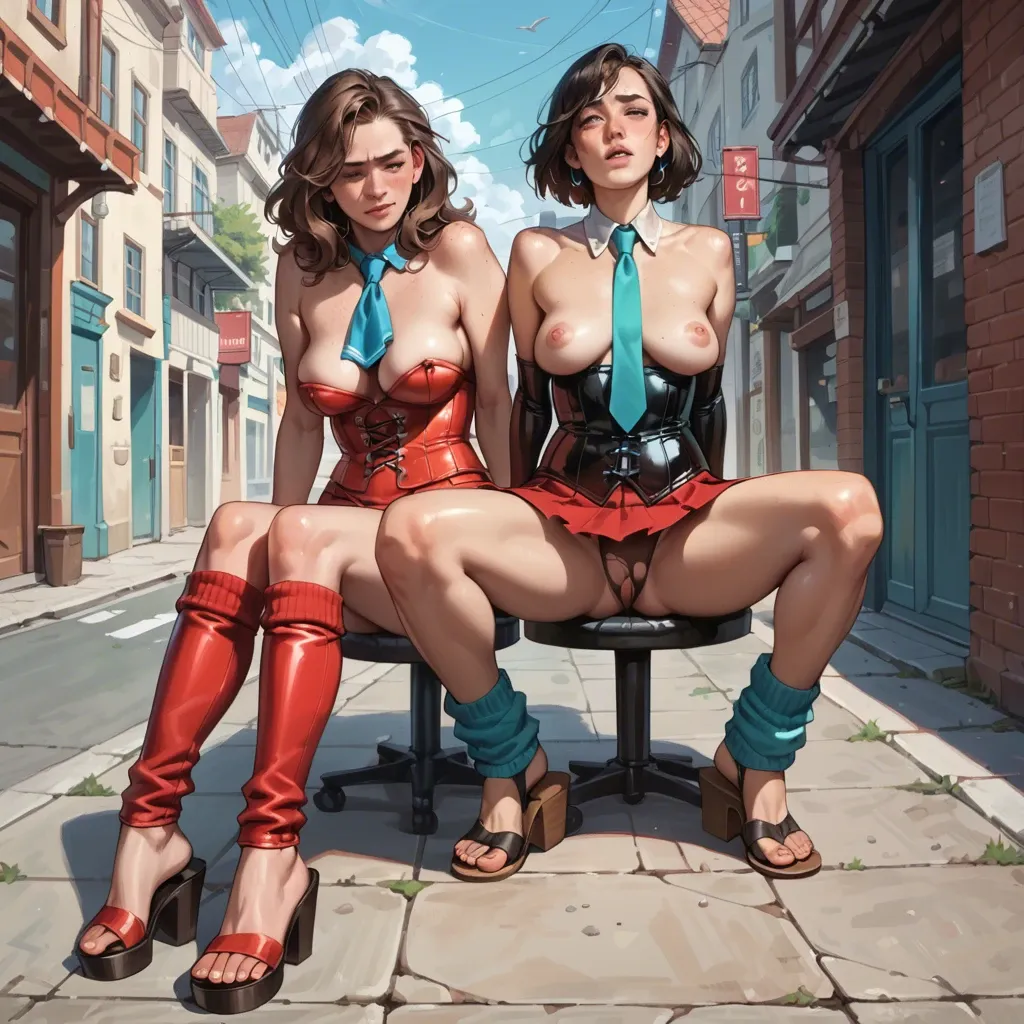 2girl, , , , dimples,bare feet,saggy boobs,breasts out,aqua necktie, freckle,camel toe,medium boobs,background,shoulder, red skirt,leg warmers,gloves,latex corset,sandals, torn dress,anchor necklace,fishnet gloves,black leotard,high heels, bara, restrained, tavern setting, headphones, zelda sd, wonder woman, waifu