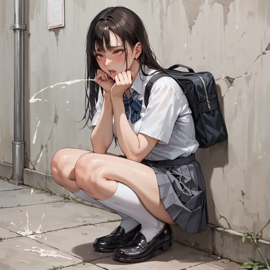 Schoolgirl futanari. White knee socks. Grey pleated skirt. Black shoes. White blouse. Squatting. Ejaculating.