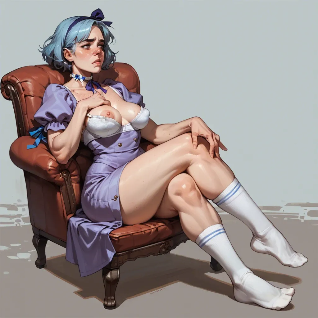 1girl,1boy, , , , bubble in nose,on the knees,puffy nipple,big hips,joints, freckled face,armchair,molded nipples,respectable,light blue skin, purple dress,socks,ribbon choker,white bra,sandals, hoodie,knee-high socks,round glasses,low rise thong,platform heels, no skirt,anchor necklace,shaped jewelry,pulled bra,platform heels, living room, fantasy forest, tavern, high detailed, bright lighting, zelda, spider-gwen