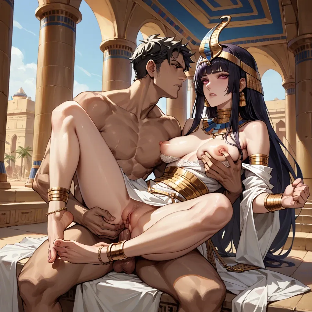 1girl,1boy, , , , mouths,gold anklets,nipples out,firm breasts,off shoulder, purple eyes,red eyes soles,saggy breast,breasts grab,bare shoulders, underskirt,egyptian palace,hands tied,lace bra,armored boots, in hotel room, sparkling, medieval, magic dildo, digital art, bright sunlight, linked collars, spider-gwen