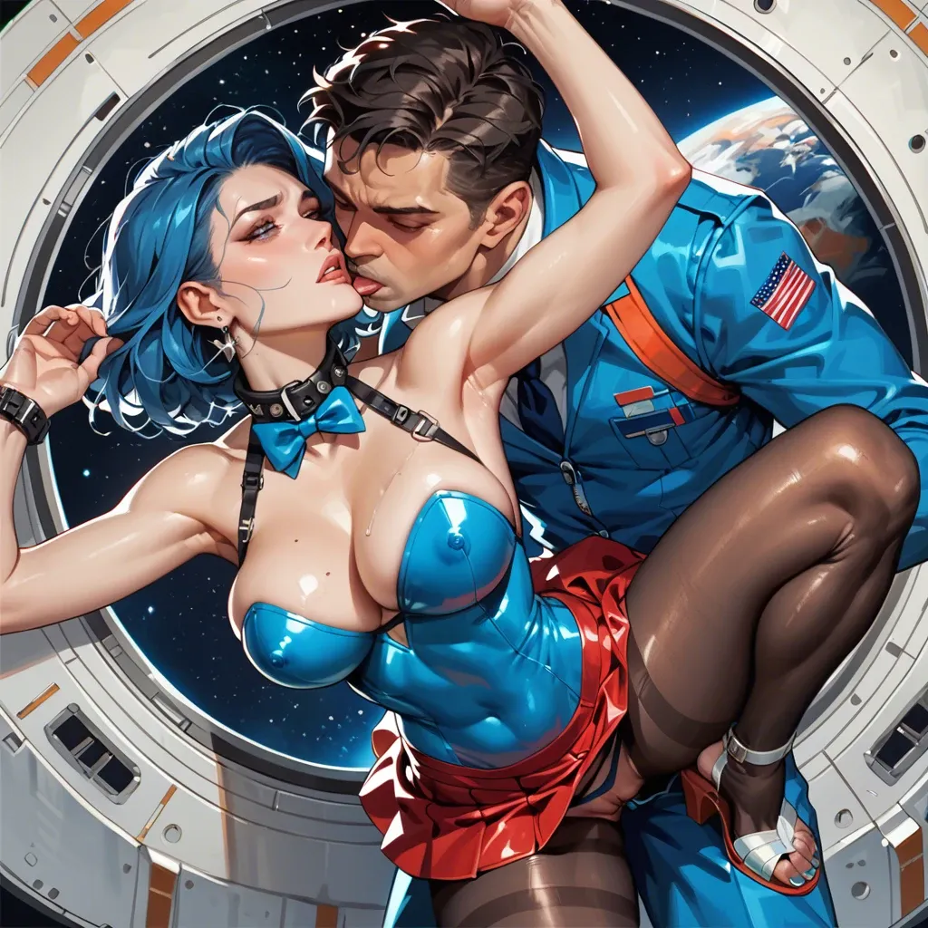 1girl,1boy, , , , lip,clean armpit,large breasts,space ship,kissing neck, blue dress,black pantyhose,blue bowtie,latex bodysuit,strappy sandals, red skirt,laces,dog collar,blue bra,sneakers, crossdressing,pantyhose,metal rings,gray sports bra,heels, in a kitchen, piledriver pose, cyberpunk, phone screen, painted, bright light, 2b, moana, reinhardt