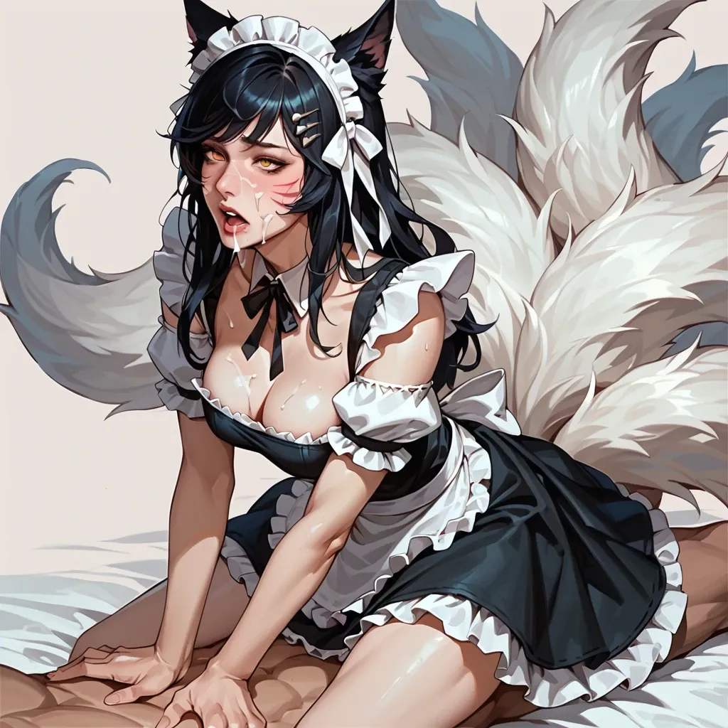 Ahri, maid uniform, sittin on top, crempie, cum in face