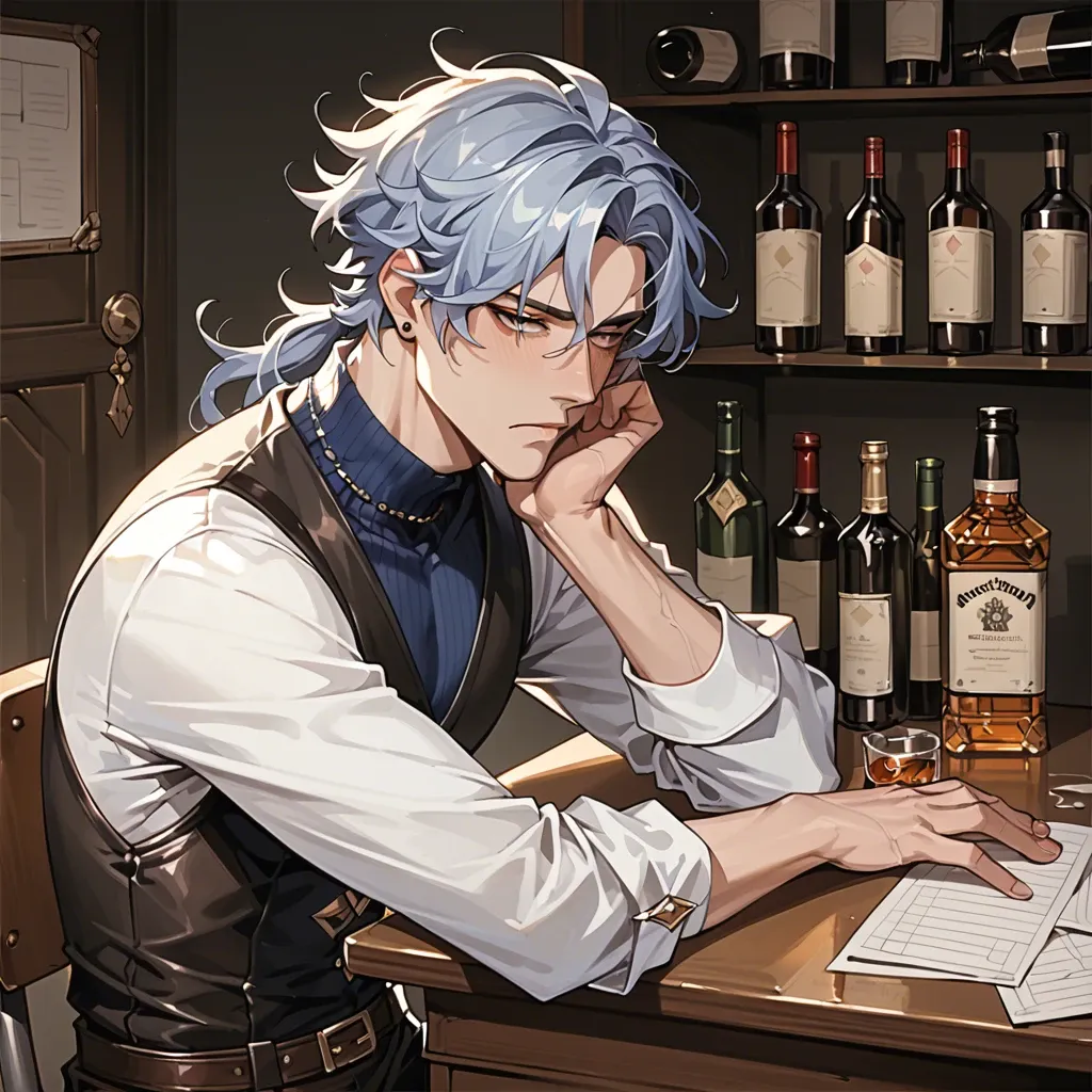 1boy,solo,,, sitting at desk, tight long sleeve turtle neck, resting chin on hand, depressed look, bottle of whiskey on desk, dottore genshin impact