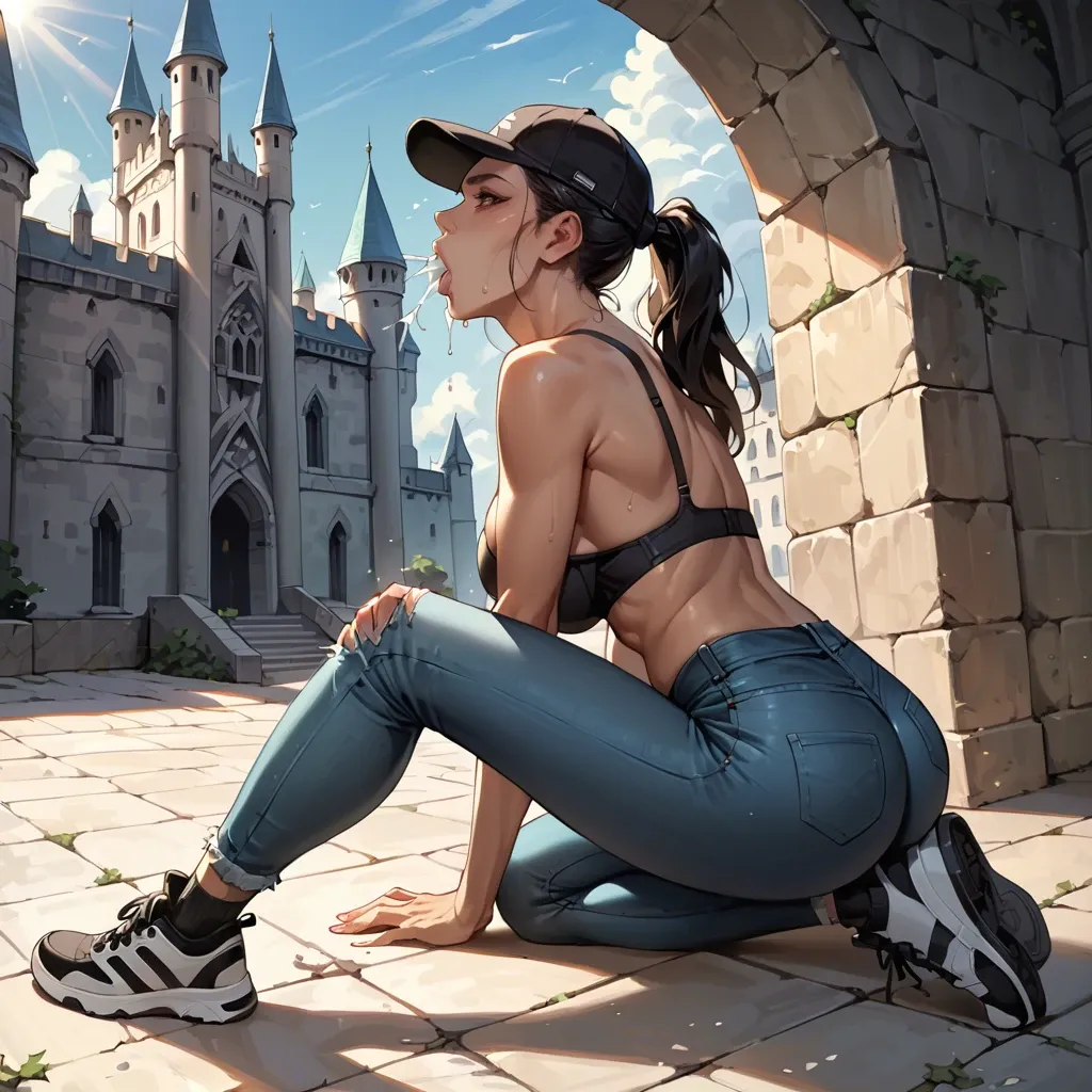 2girl, , , , stretching ass,thick legs,big breast,abdominal,black-skinned, tight jeans,knee socks, cap,black bra,black sneakers, bare midriff,, castle,  artwork, sunlight,  Deepthroat Sperma