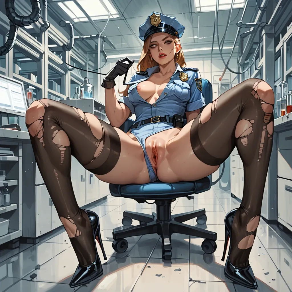 1girl,solo, , , , pussy slip,perfect feet,hard nipple,laboratory,black-skinned, police uniform,baggy socks,gloves,highleg leotard,stiletto heels, pants,torn thighhighs,belt,panties visible,gothic boots, bedroom, daphne blake, cyberpunk, unforgettable, zelda, jasmine