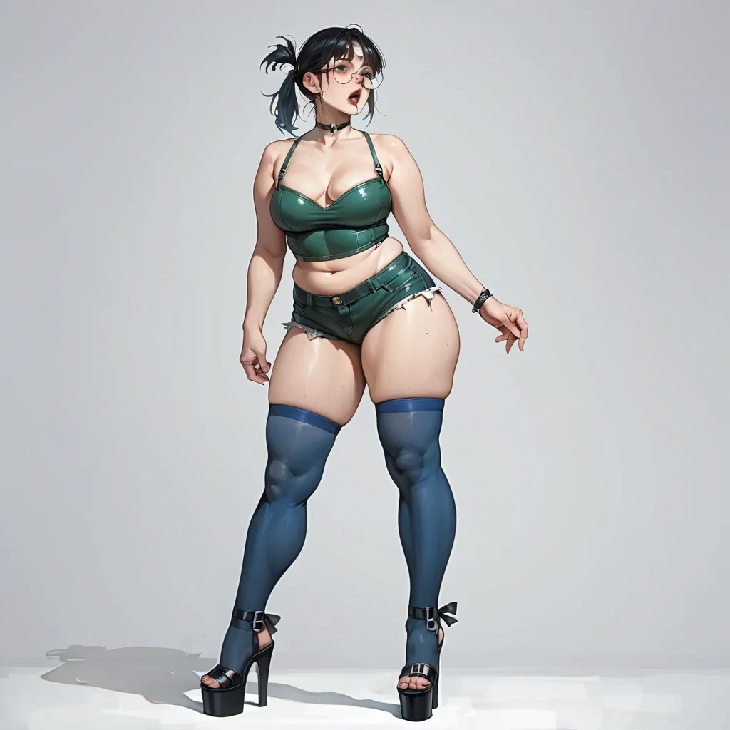 1girl,solo, , , , mouth taped,wrists,firm breasts,wide plump hips,thin ankle, hotpants,black leggings,hair tie,panties visible,platform heels, undress,blue stockings,round glasses,green swimsuit,gothic boots, crowded beach, castle exterior, breast bondage, detailed skins, nightdress, zelda sd, asuka langley