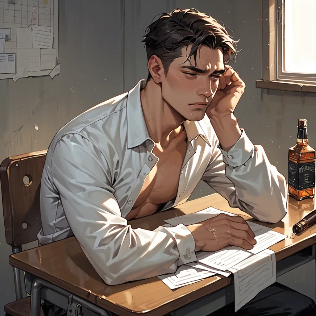 1boy,solo,,, sitting at desk, tight long sleeve turtle neck, resting chin on hand, depressed look, bottle of whiskey on desk