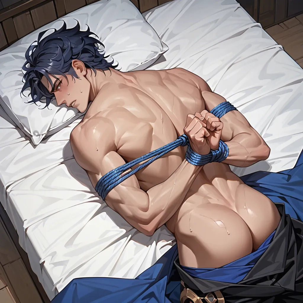 1boy,solo,,, laying on bed, shirtless, arms tied behind back, bondage, irritated expression, dottore genshin impact