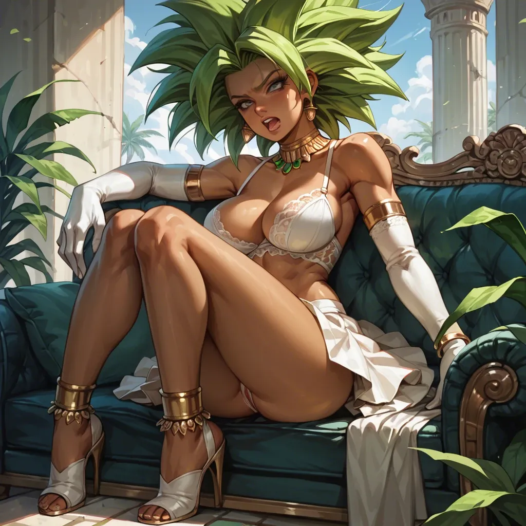 1girl,1boy, , , , tanned,heel,large breast,,on her knees, pink tongue,armlets,fla  ,backward,shoulder, pleated skirt,anklets,long gloves,white lingerie,boots, sit on a couch, street, cyberpunk, linked collars, ariel