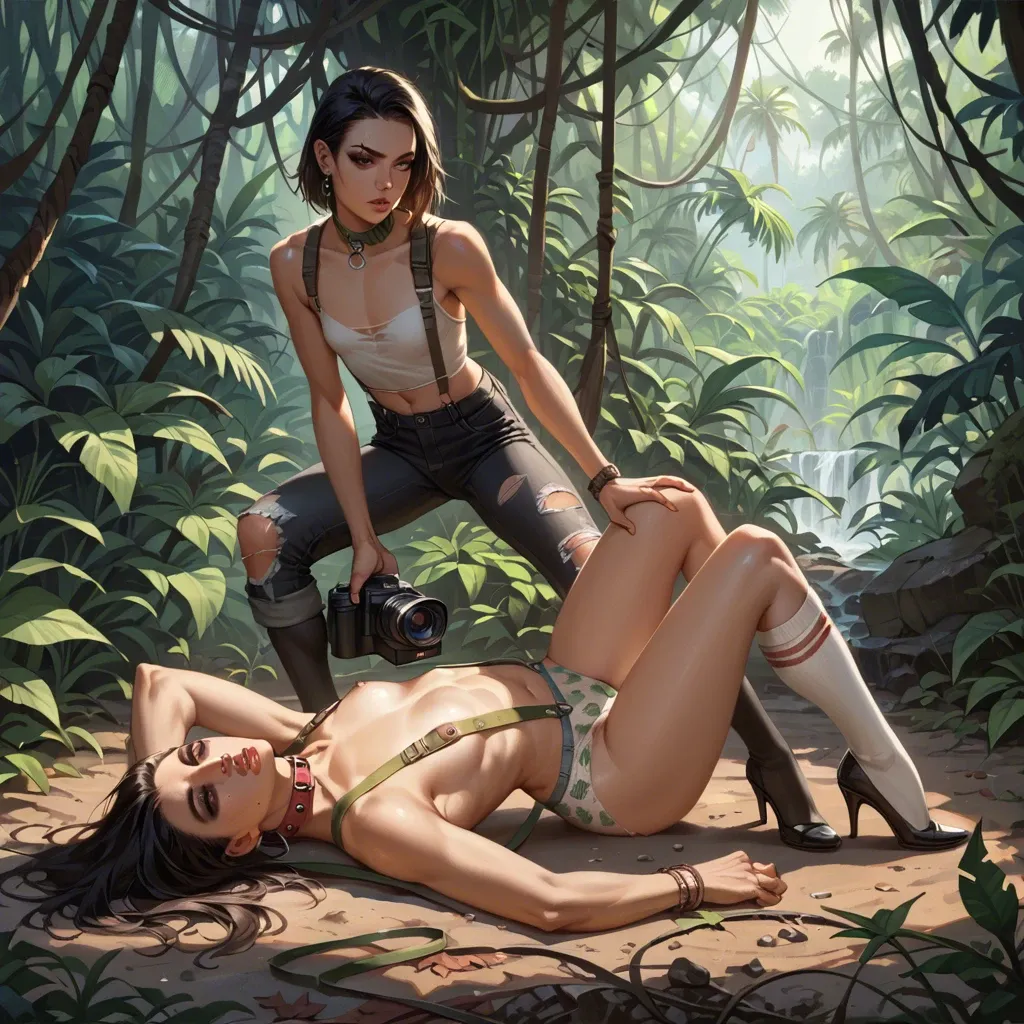 1girl,1boy, , , , nose piercings,women bare feet,flat chest,leaning back,bare shoulders, ripped pants,knee socks,suspenders,print panties,heels, jungle, camera, detailed skin, dark eyeliner, linked collars, rapunzel, anal, dick in anal