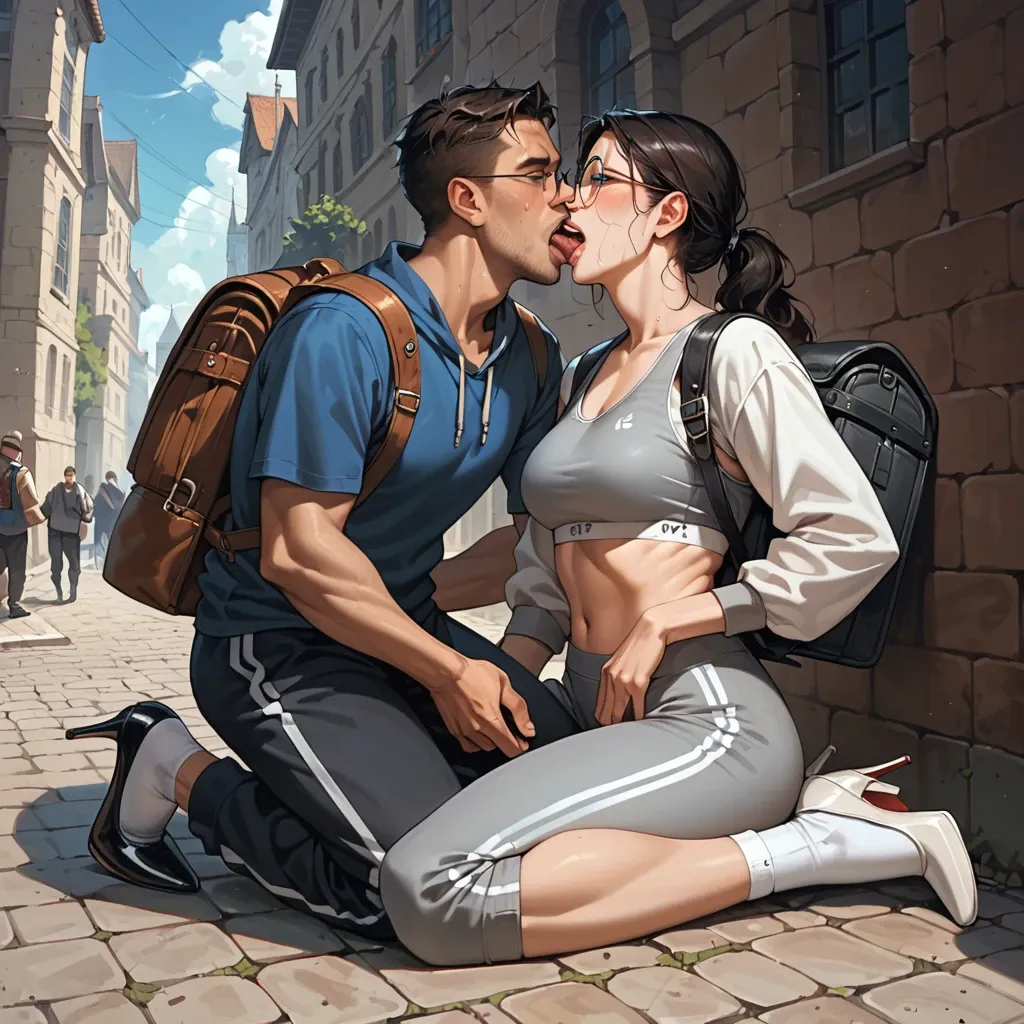 2girl, , , , big blue eyes,licking feet,medium tits,backpack,throat bulge, sweatpants,white socks,round glasses,gray sports bra,stiletto heels, bare navel, city, medieval theme, rich detailed, dark sky, linked collars, reinhardt