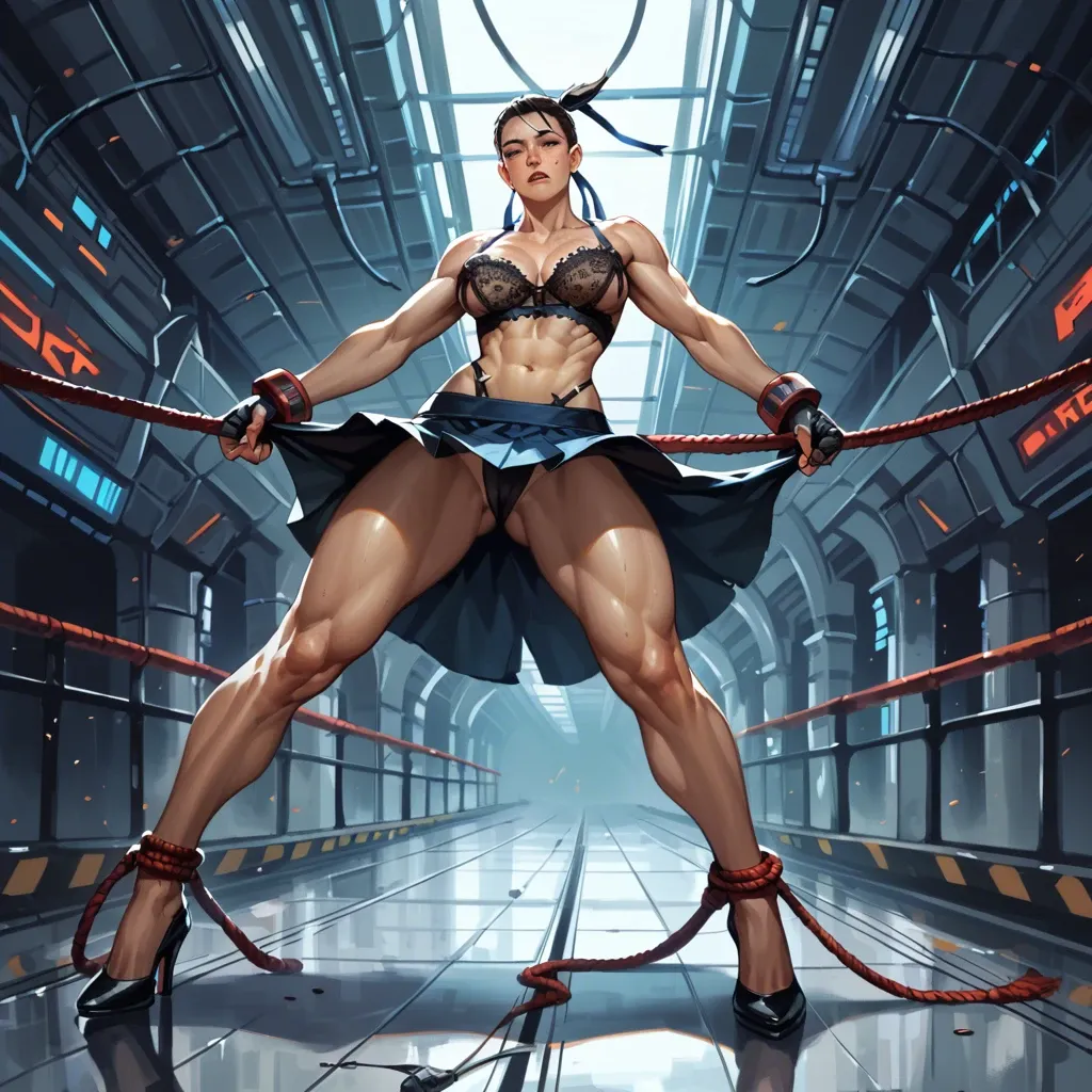 1girl,solo, , , , freckles,legs tied,big boobs,dark background,thin ankles, slit skirt,black lace bra,garrison cap,leotard aside,heels, bare navel, street fighter, spaceship, europe, cyborg girl, photo-realistic, bright colors, zelda