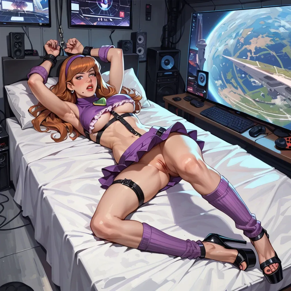 1girl,solo, , , , mole under eye,bound hands,large boob slip,abdominal,elbow, mini skirt,leg warmers,black gloves,frilled bra,platform heels, gamer bedroom, daphne blake, spaceship, beds, bondage ship, mari makinami