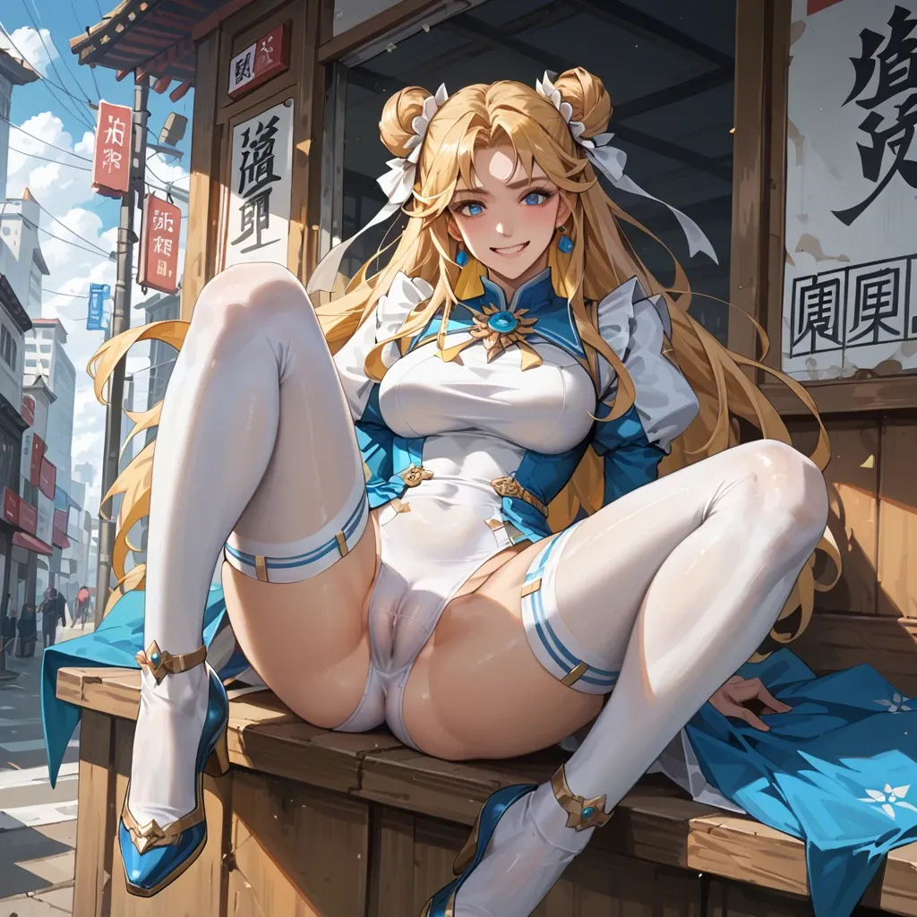 ((best quality)), ((highly detailed)), masterpiece,(Sailormoon))),masterpiece,1girl,happy,smile,solo,blue eyes,blonde hair ,double bun,long hair,white thighhighs,cameltoe,escenary,chinese city,new dawn,anime, ,best quality, masterpiece, intricate details,,trending on Artstation,moon_a,serena tsukino,EPsmSailorMoon,aausagi, twintails,sailor moon, long twin tails, blonde, parted bangs,circlet, jewelry