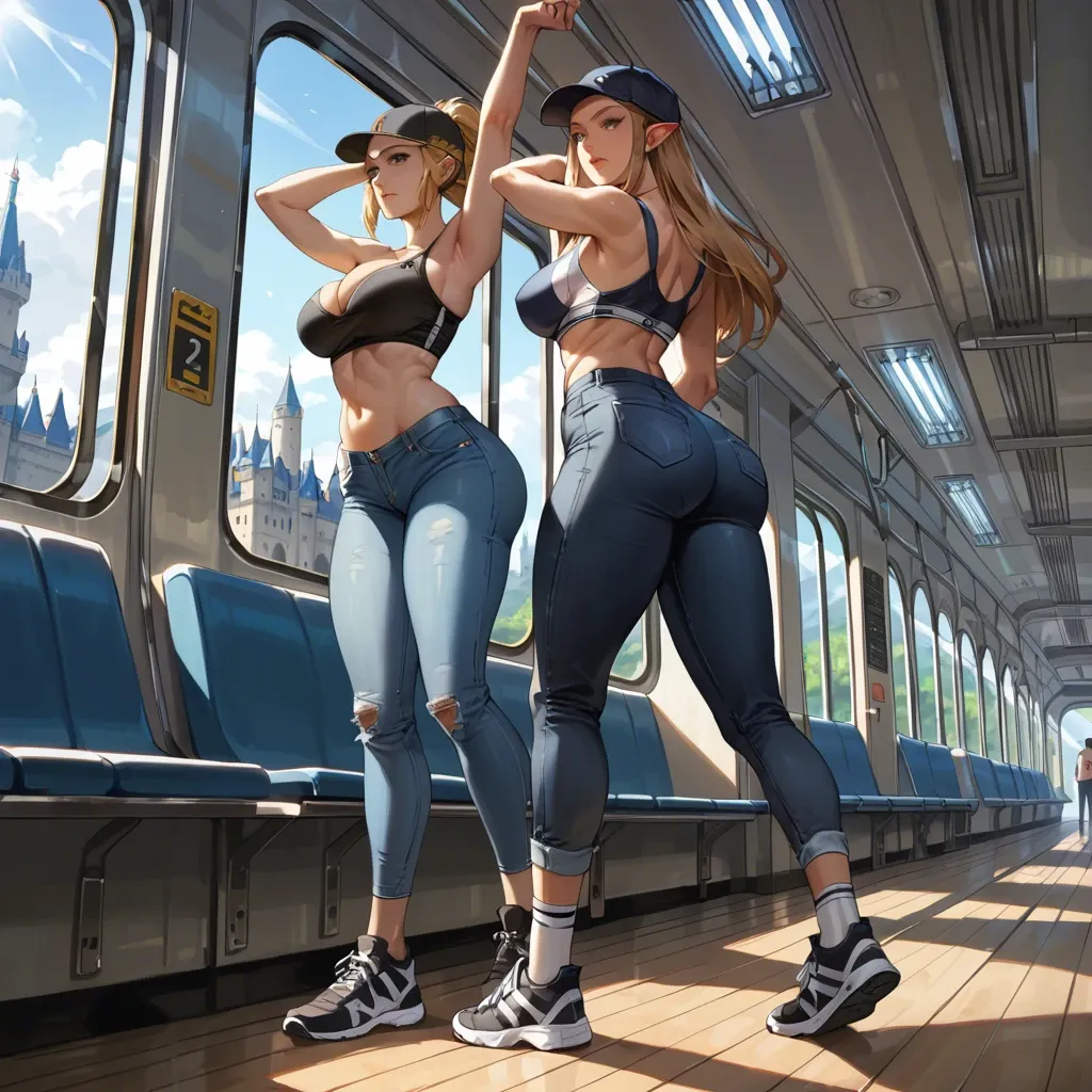 2girl, , , , stretching ass,thick legs,big breast,abdominal,black-skinned, tight jeans,knee socks,sports cap,black bra,black sneakers, bare midriff, train, castle, anime artwork, sunlight, princess zelda, spider-gwen Deepthroat Sperma