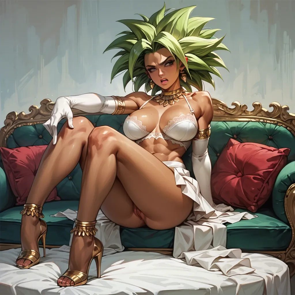 1girl,1boy, , , , tanned,heel,large breast,,on her knees, pink tongue,armlets,fla  ,backward,shoulder, pleated skirt,anklets,long gloves,white lingerie,boots, sit on a couch, street, cyberpunk, linked collars, ariel