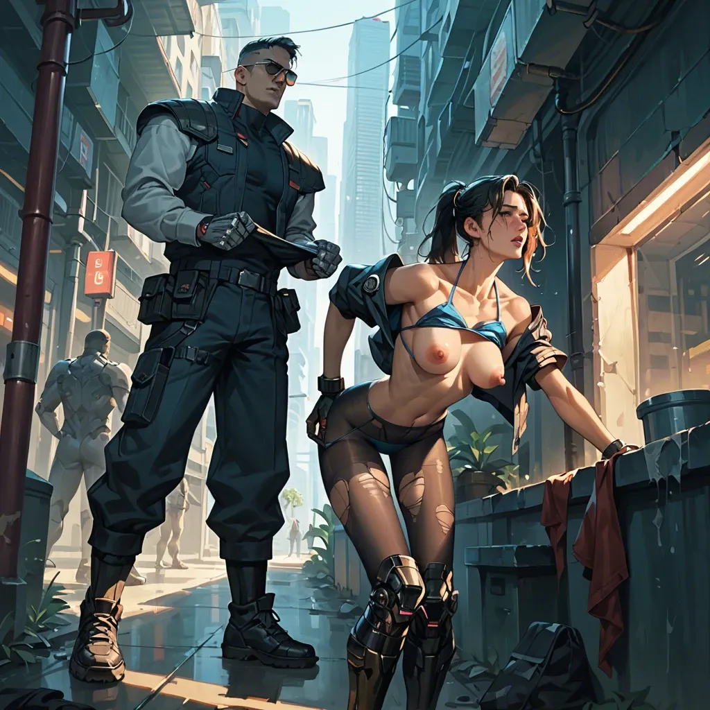 2girl, , , , cute nose,hands down,big nipples,back female,shoulder pads, undressing,torn pantyhose,sunglasses,bikini top lift,knee boots, hotel, male restrained, cyberpunk, cyborg, semi realistic, dim lighting, wonder woman