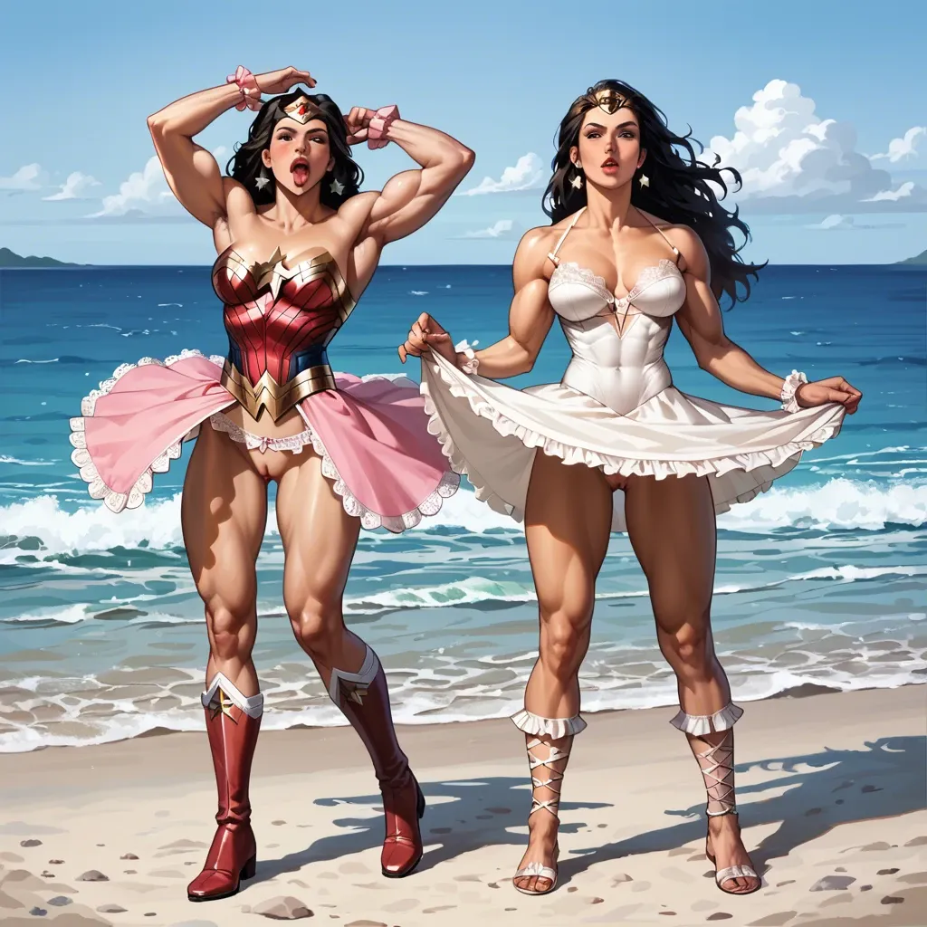 2girl, , , , tongue out,large biceps,sucking nipple,back female,thin ankle, dress,anklets,frilled gloves,lace lingerie,knee boots, gymnast, beach, princess peach, wonder woman