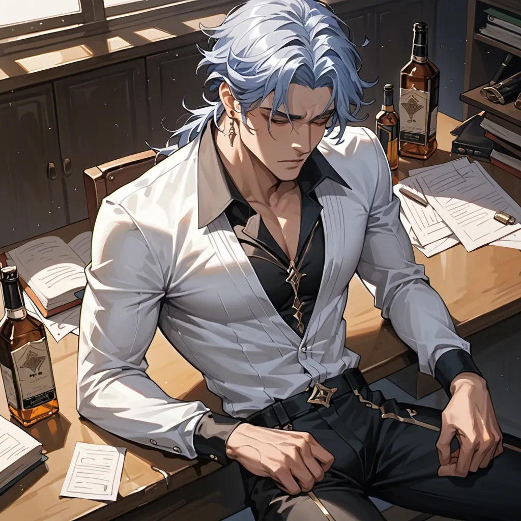 1boy,solo,,, sitting at desk, tight long sleeve turtle neck, resting chin on hand, depressed look, bottle of whiskey on desk, dottore genshin impact