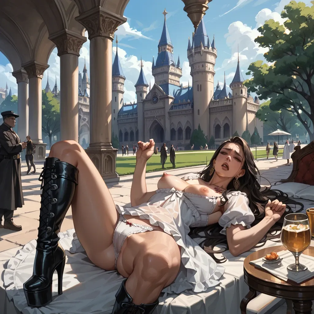 2girl, , , , clenching,knee boots,light areolae,lying on back,shoulder tattoo, nightgown,palace,big earrings,frilled panties,platform heels, palace bedroom, public park, tavern, hyperdetailed, deep shadows, zelda, rapunzel, waifu