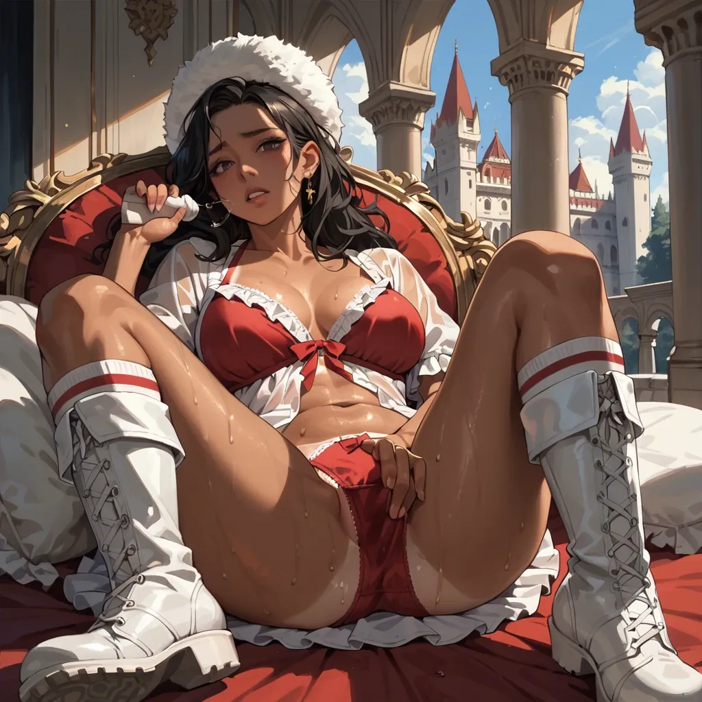 1girl,solo, , , , cute nose,giving handjob,big tits,on back,tanned, shirt up,knee socks,fur hat,frilled bra,white boots, nightgown,palace,wet panties,sexy red bikini,running shoes, bare feet, girl in jungle, medieval tavern, anime, moody lighting, lara croft, elsa, rapunzel waifu