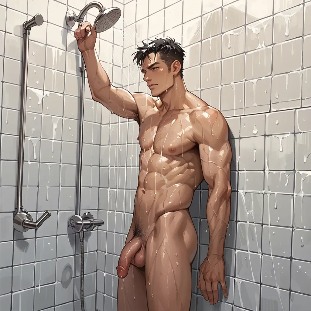 1boy,solo,,, standing under shower, hand on wall, flaccid penis