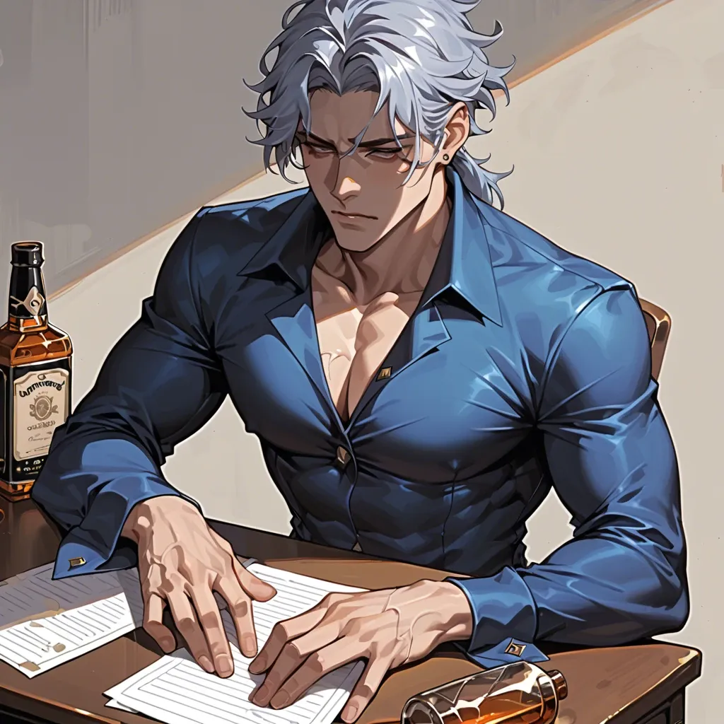 1boy,solo,,, sitting at desk, tight long sleeve turtle neck, resting chin on hand, depressed look, bottle of whiskey on desk, dottore genshin impact