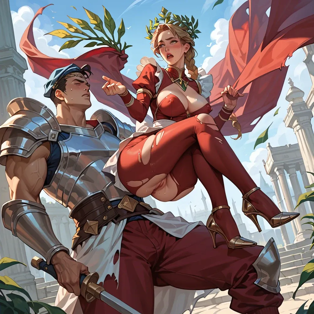 1girl,1boy, , , , nostrils,armour,nipple peak,wide hip,light blue skin, ripped pants,leg warmers,laurel crown,maroon bodysuit,heels, sweatpants,knee-high socks,maid hat,hand on panties,armored boots, bare shoulders, daphne blake, medieval dress, girl lara croft, disney princess, rapunzel waifu