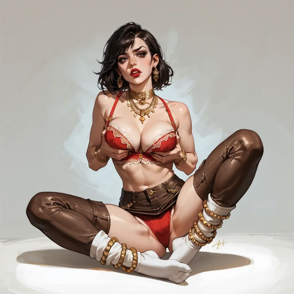 1girl,solo, , , , balls on nose,thigh highs,whore cleavage,breast grab,free shoulders, crop top,gold anklets,shaped jewelry,lace bra,gothic boots, brown pants,white socks,gold jewelry,sexy red bikini,platform heels, gamer bedroom, in a garden, medieval tavern, spider-gwen, asuka langley